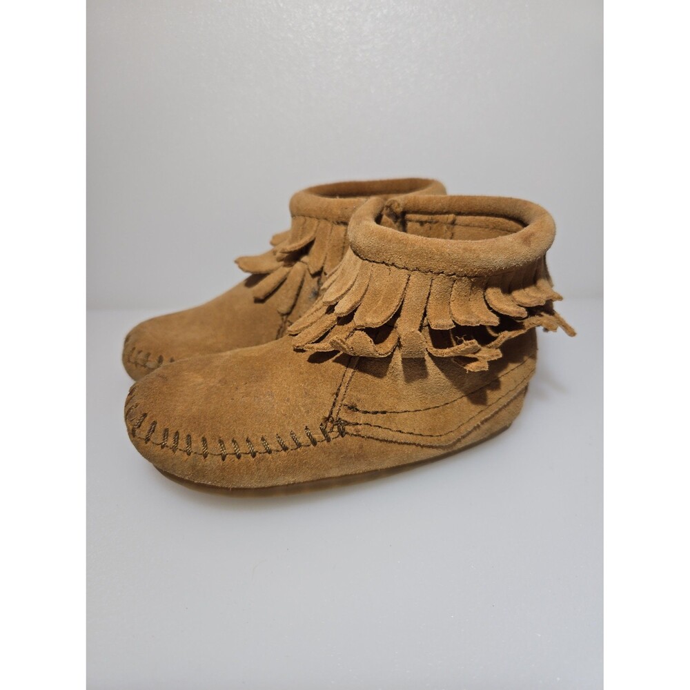 Minnetonka Kids Size 5 Double Fringe Moccasins Bootie Brown Leather Side Zipper